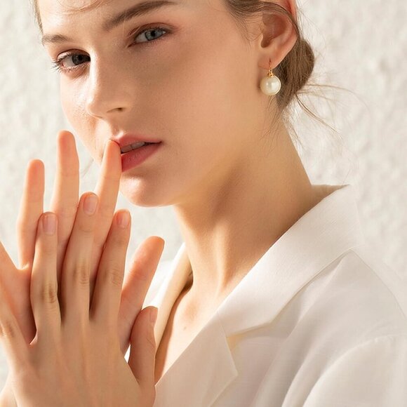 Women Gold Sterling Silver Pearl Drop Dangle Stud Plated Elegant Earring - Picture 3 of 7